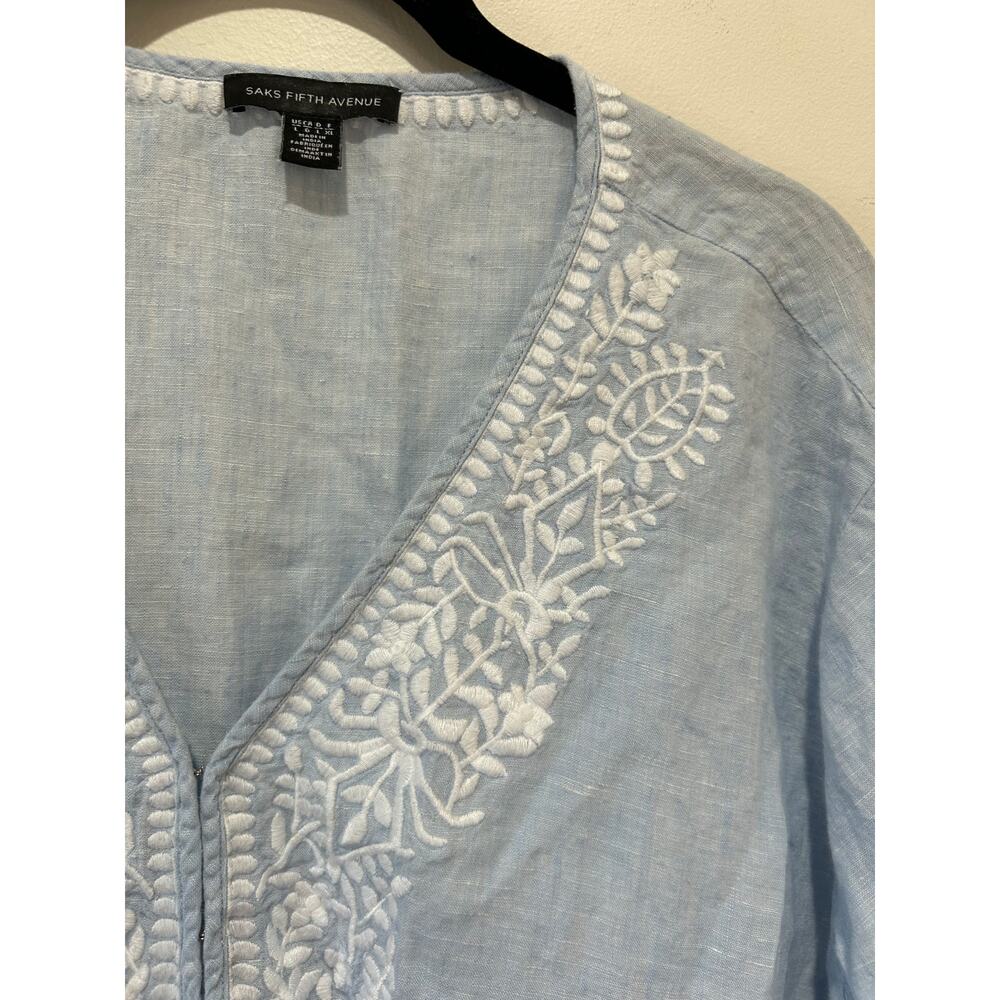 Saks FIfth Avenue linen top size L blue embroidery tunic boho nautical resort - Picture 2 of 8